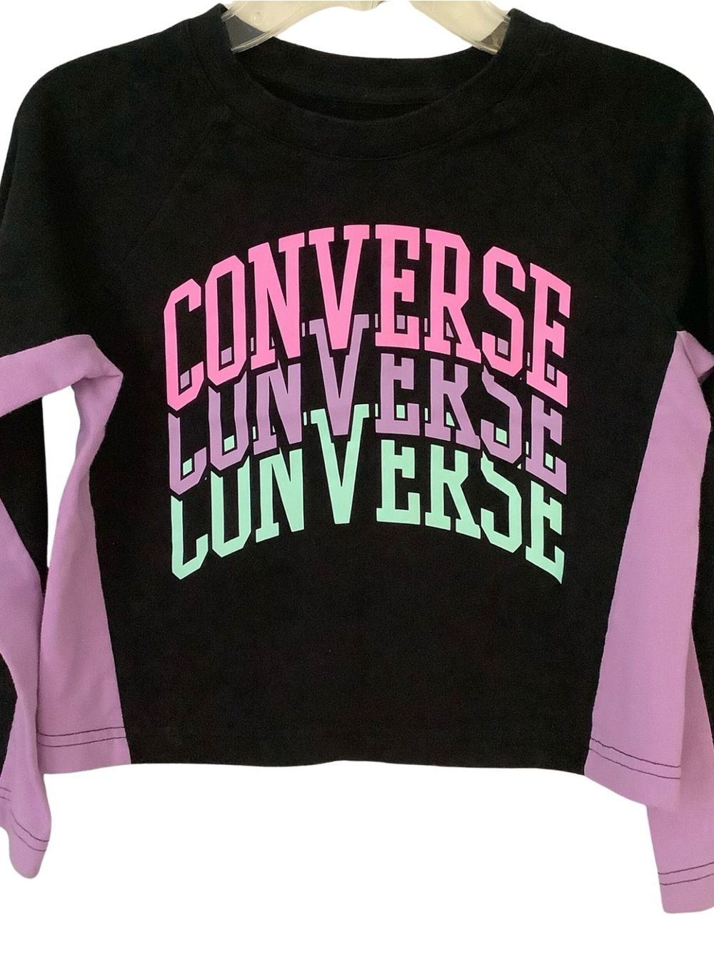 Converse Girls Black Lavender Stacked Wave Logo Cropped 3/4 Sleeve Sweatshirt, M